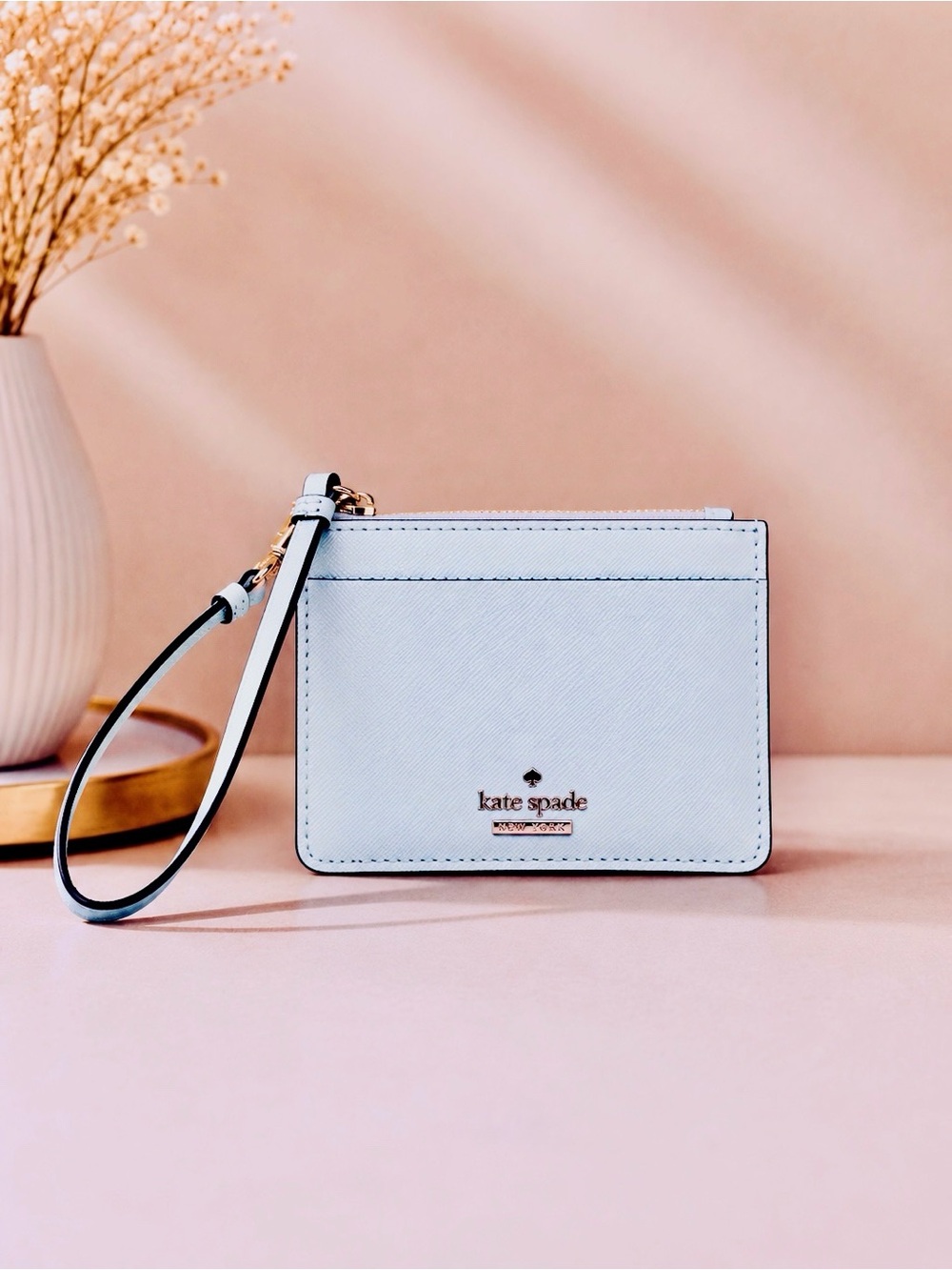 Kate Spade Lucy Small L-Zip Card Holder Wristlet Wallet Soft Aqua Blue Like New